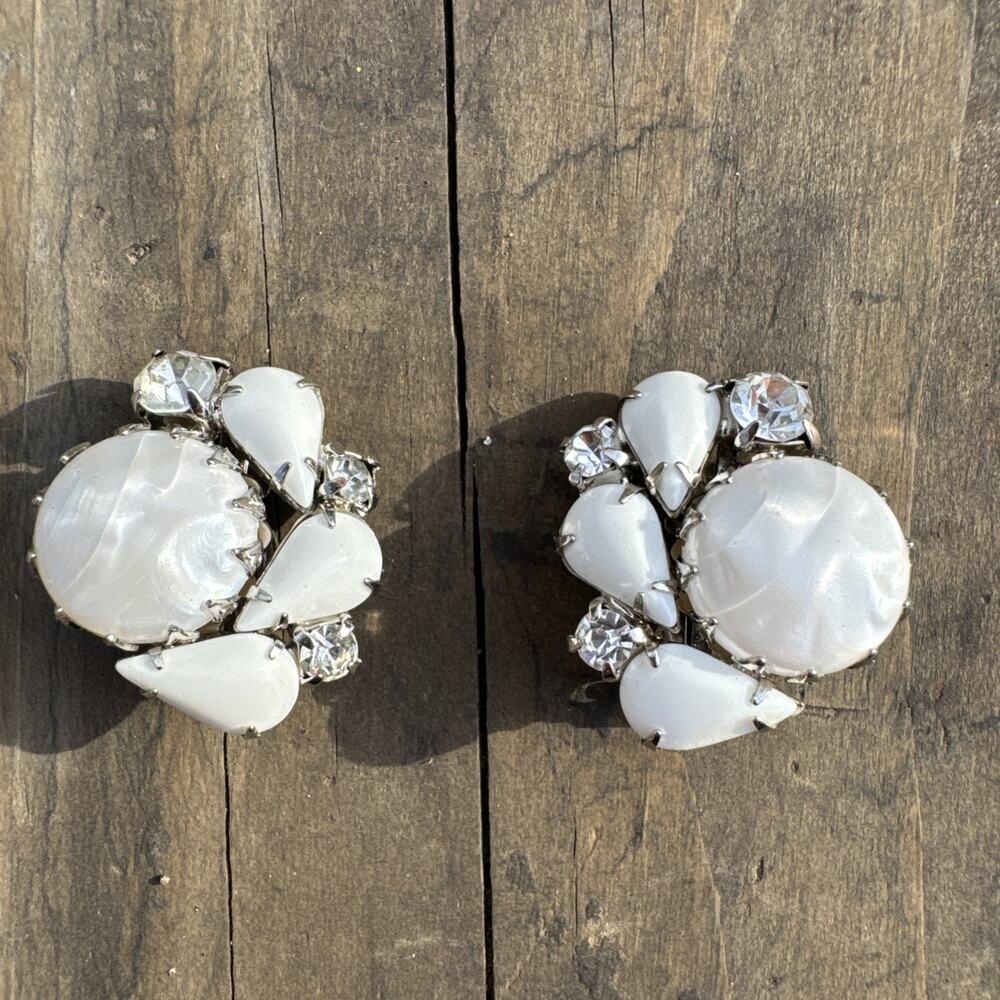 Vintage Unsigned Milk Glass and Rhinestone Clip On Earrings